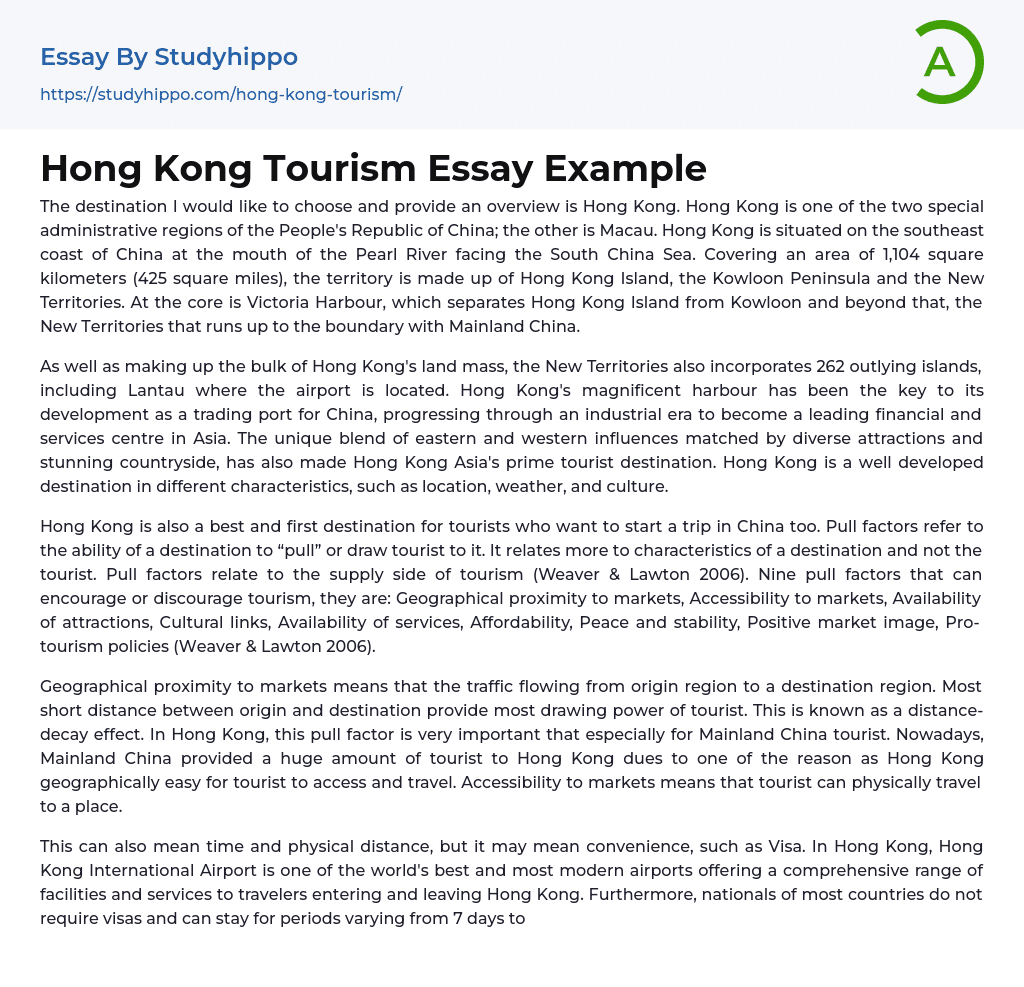 Hong Kong Tourism Essay Example
