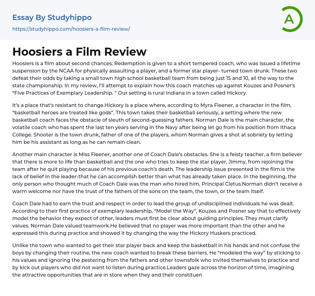 Hoosiers a Film Review Essay Example