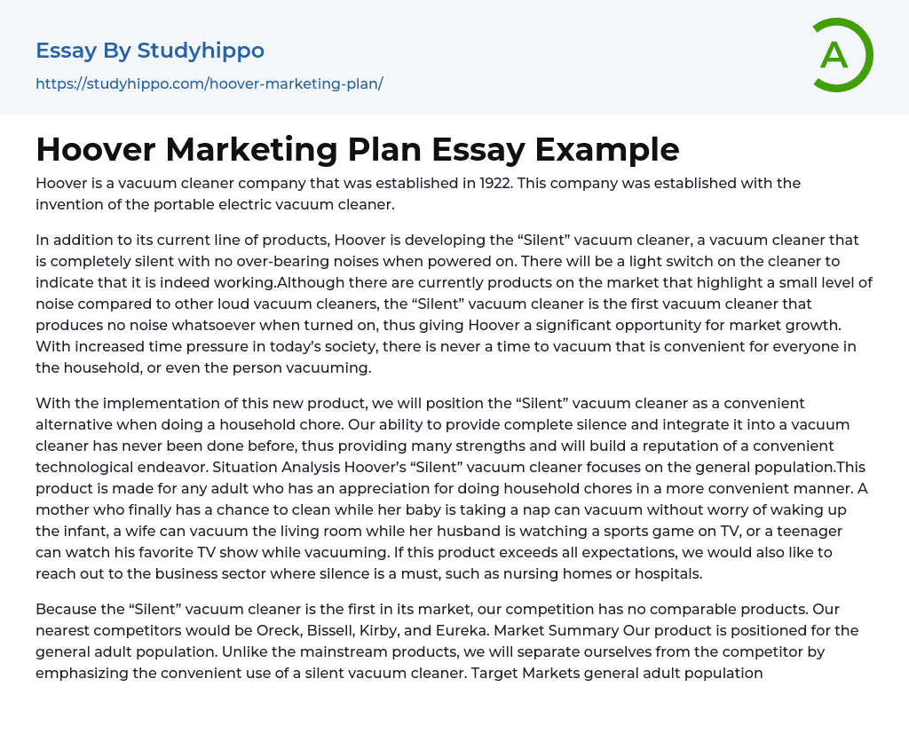 Hoover Marketing Plan Essay Example