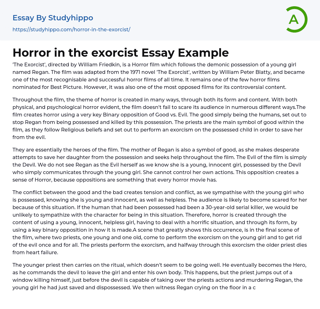Horror in the exorcist Essay Example