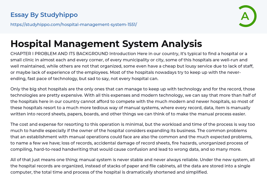 Hospital Management System Analysis Essay Example
