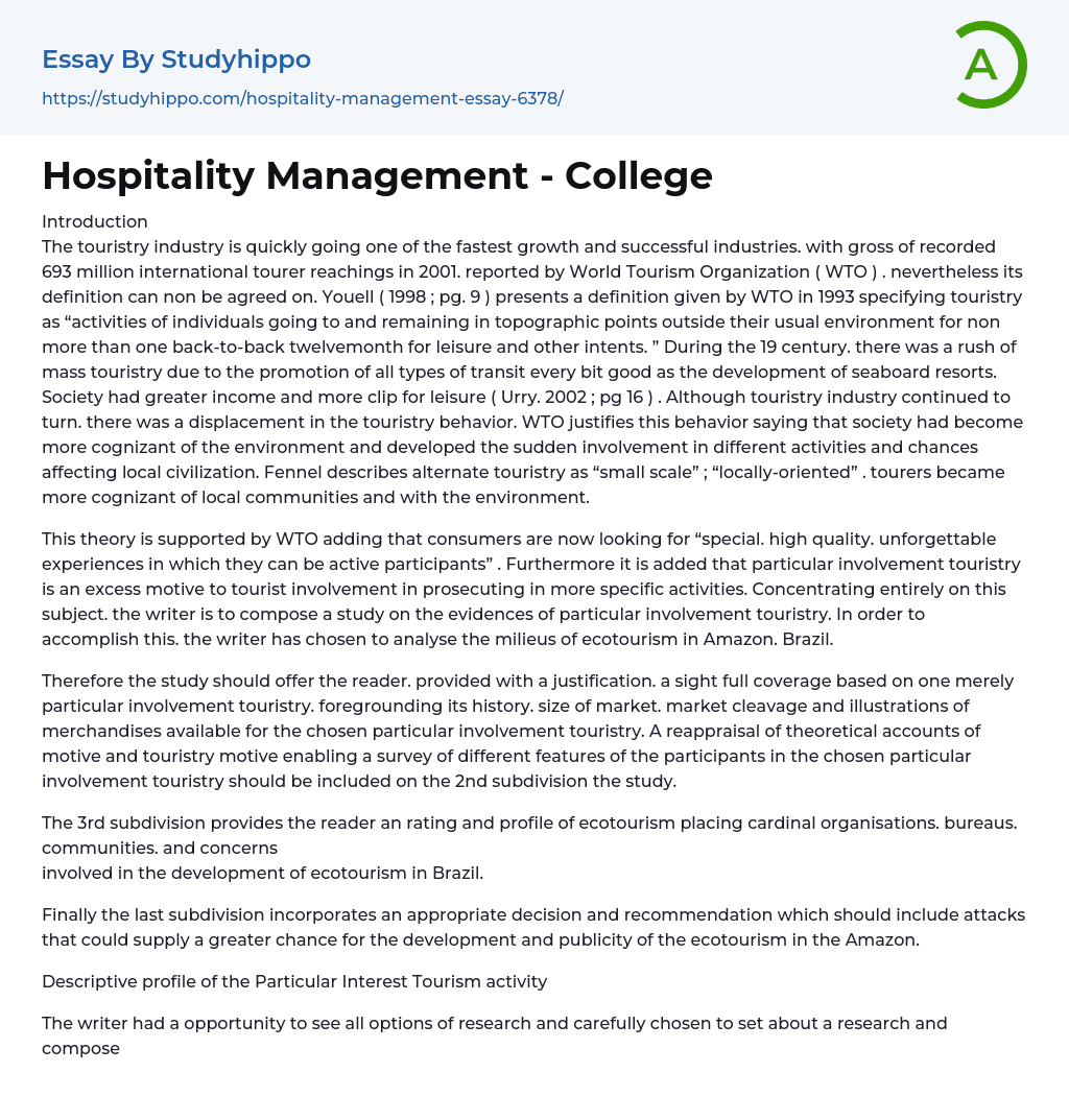 Hospitality Management – College Essay Example