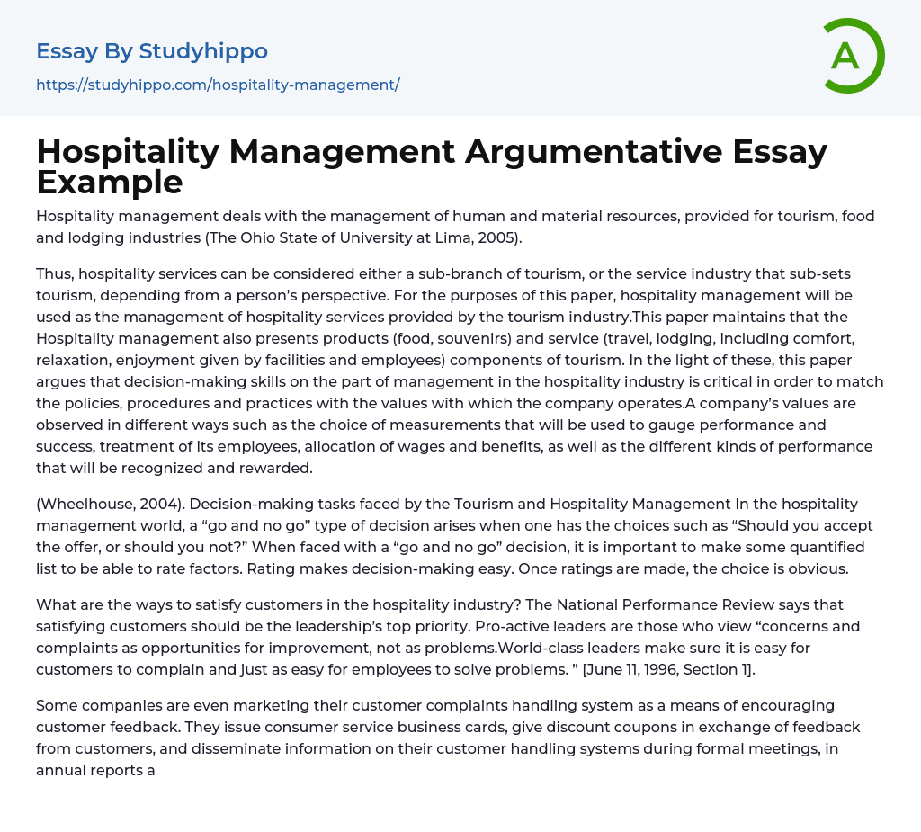 Hospitality Management Argumentative Essay Example