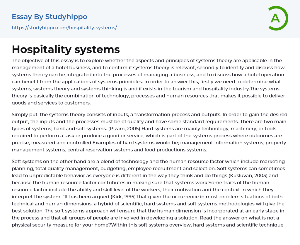 Hospitality systems Essay Example