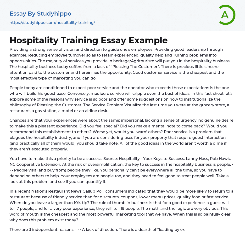 Hospitality Training Essay Example