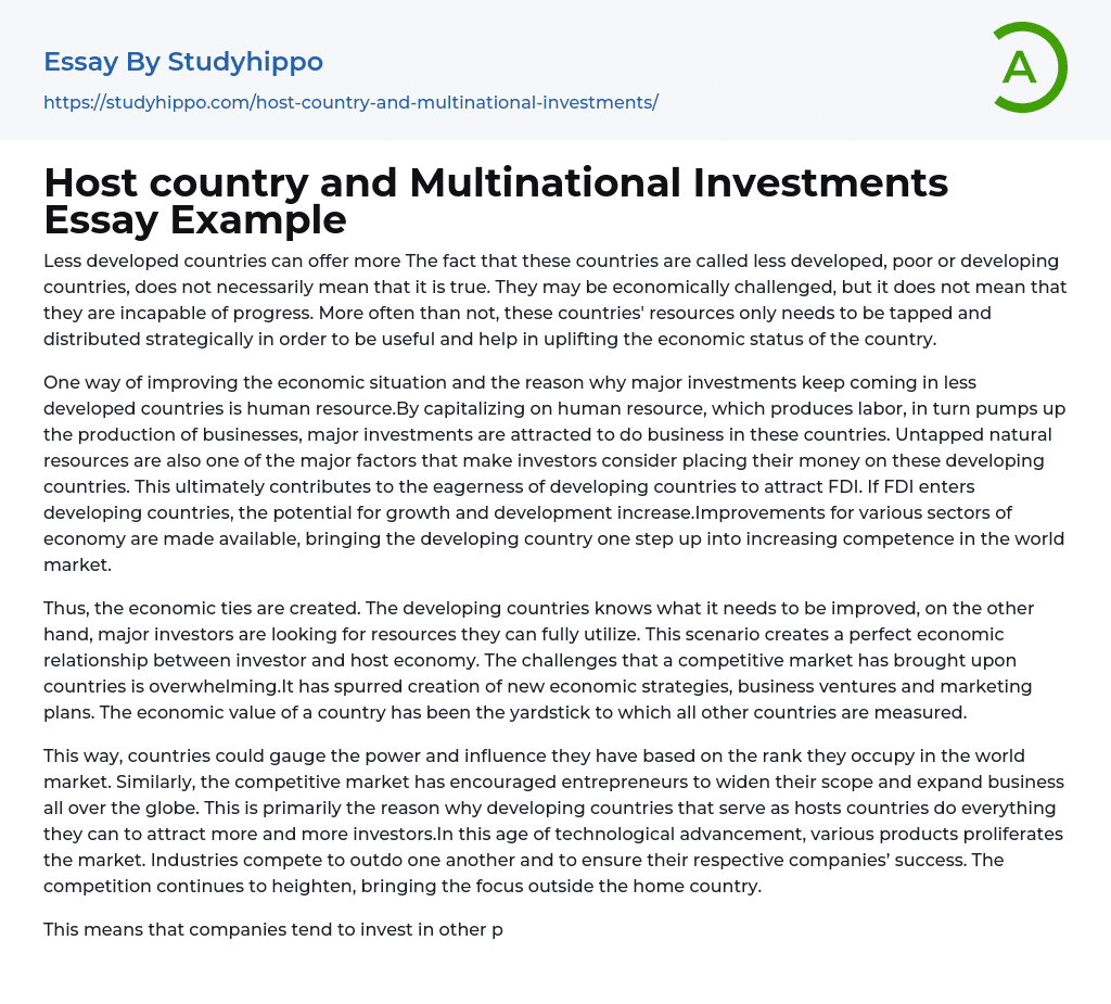 Host country and Multinational Investments Essay Example