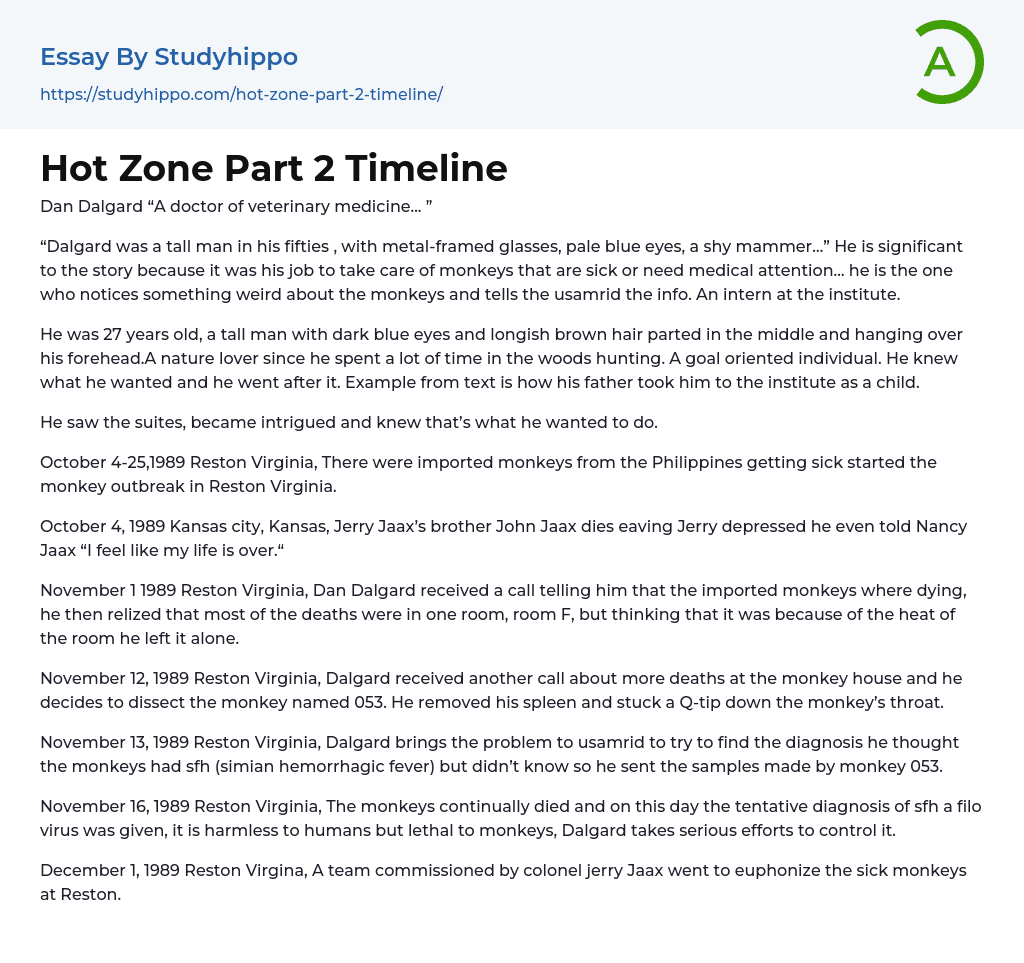 Hot Zone Part 2 Timeline Essay Example