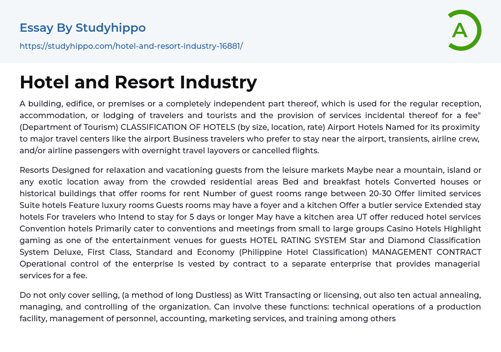 Hotel and Resort Industry Essay Example