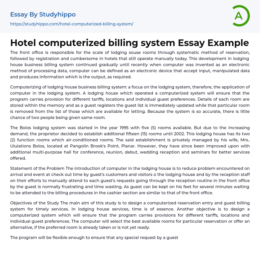 Hotel computerized billing system Essay Example