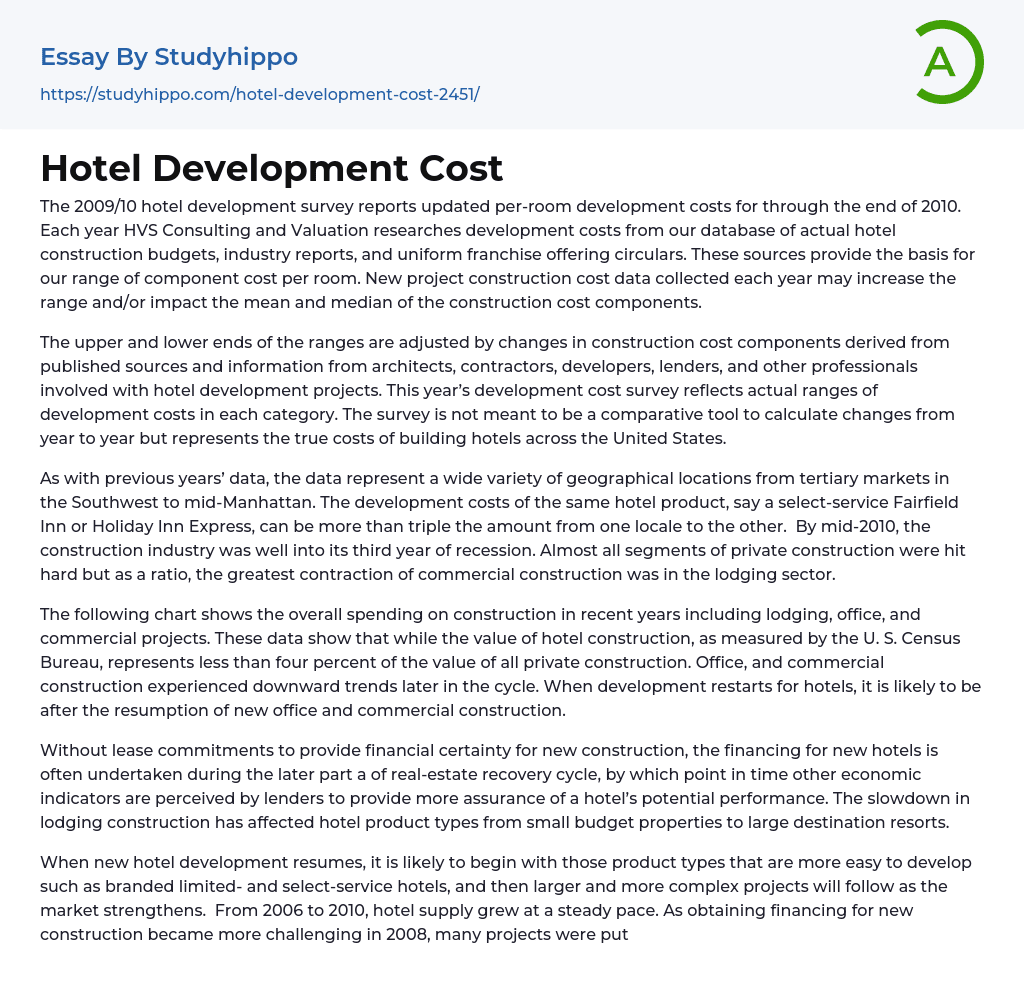 Hotel Development Cost Essay Example