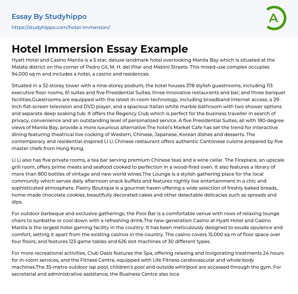Hotel Immersion Essay Example