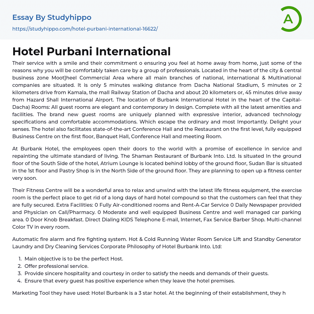 Hotel Purbani International Essay Example