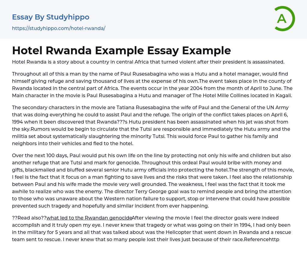Hotel Rwanda Example Essay Example