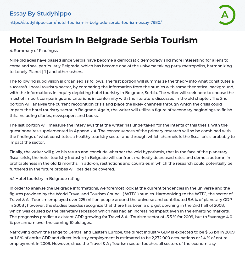 Hotel Tourism In Belgrade Serbia Tourism Essay Example