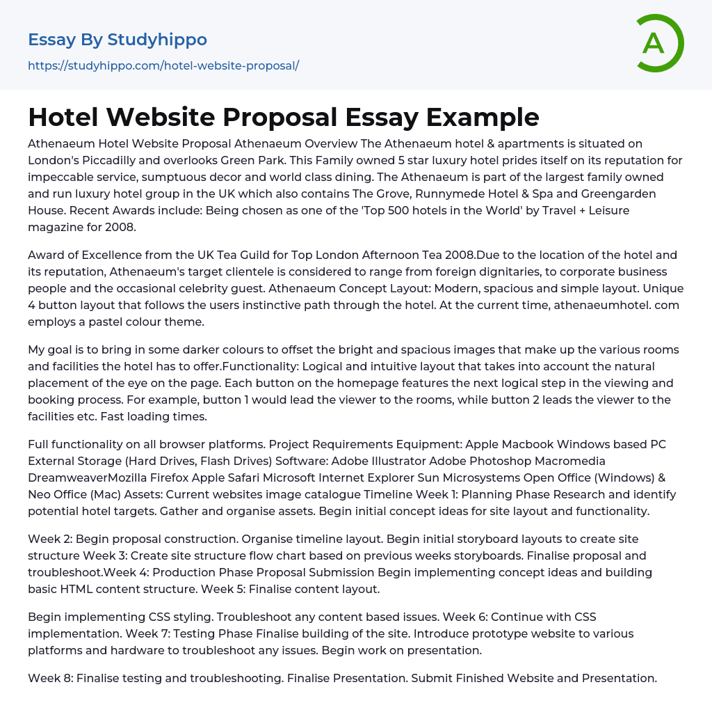 Hotel Website Proposal Essay Example