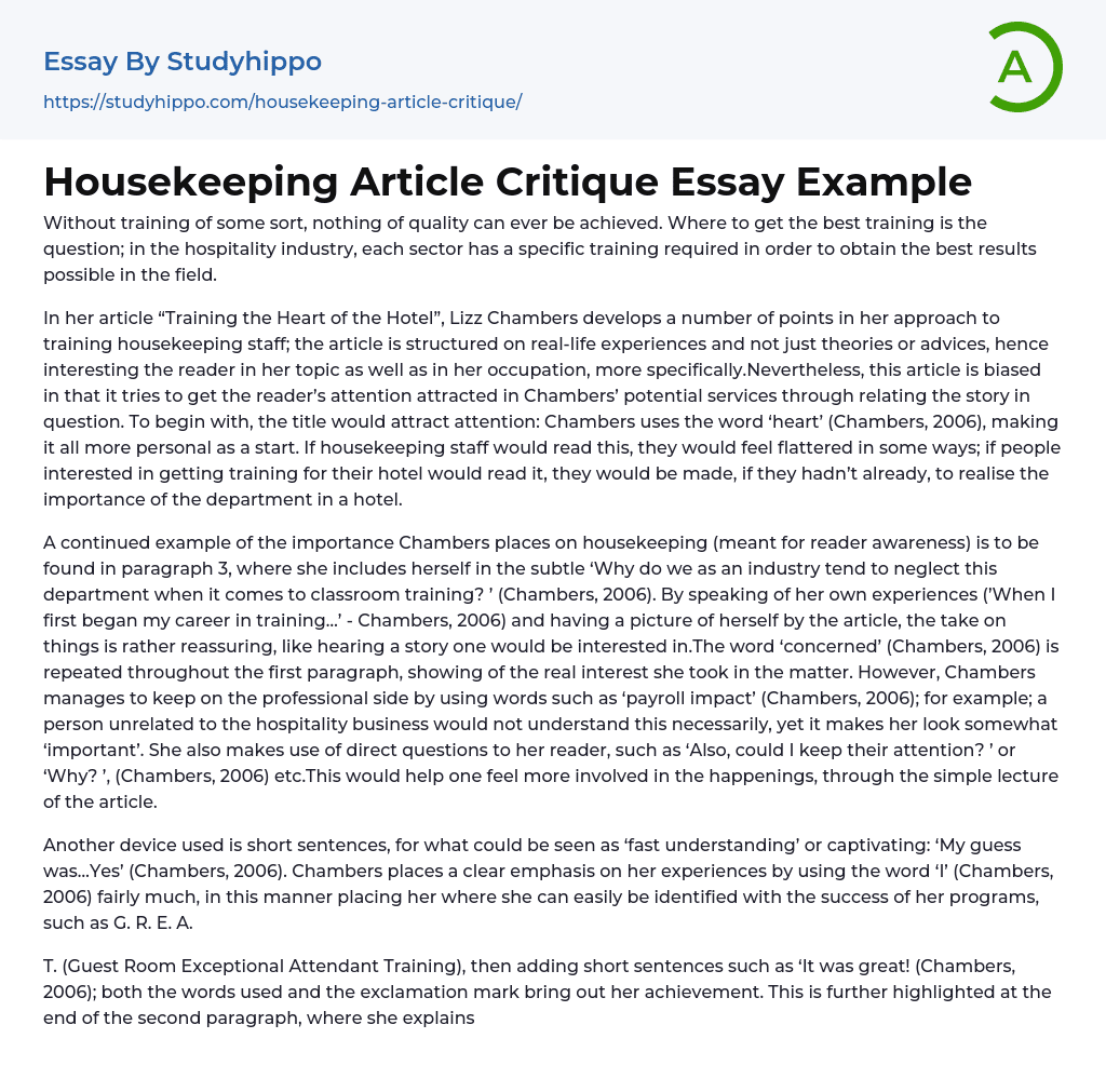 Housekeeping Article Critique Essay Example