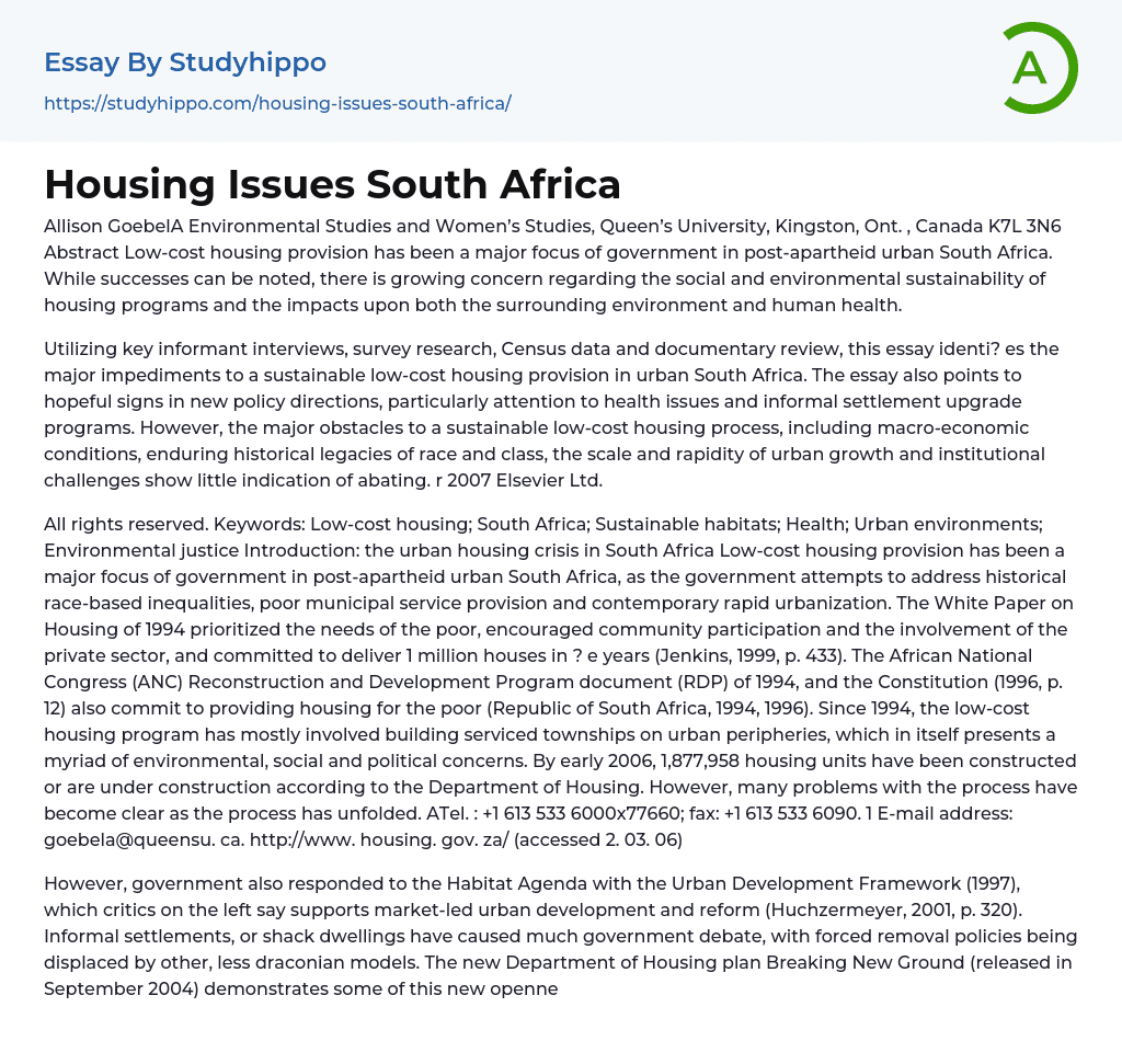 Housing Issues South Africa Essay Example