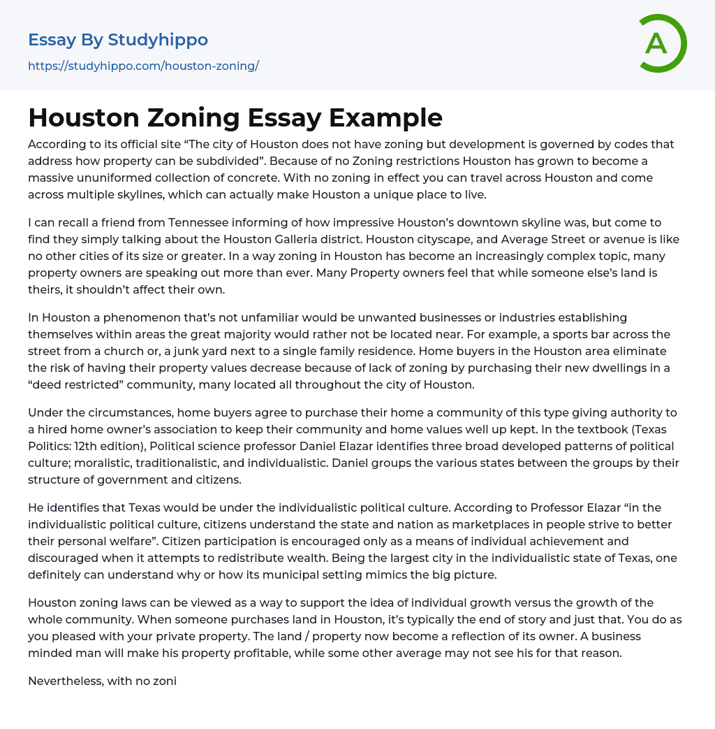 Houston Zoning Essay Example