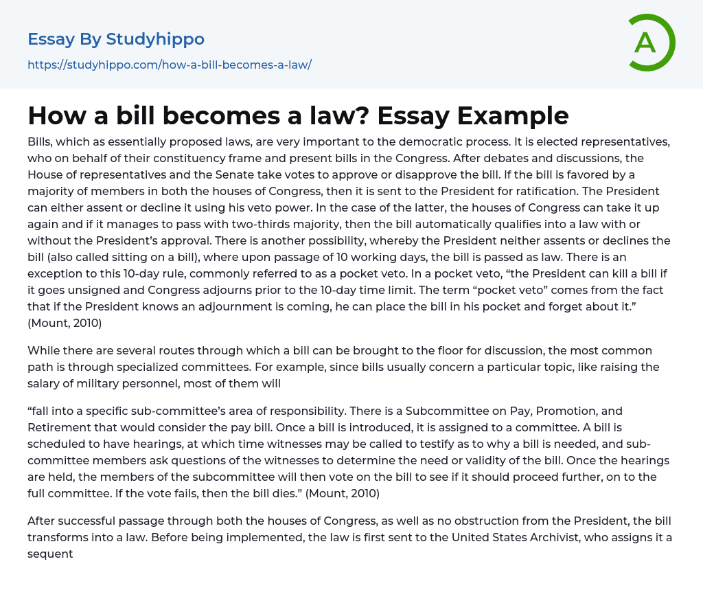 How a bill becomes a law? Essay Example