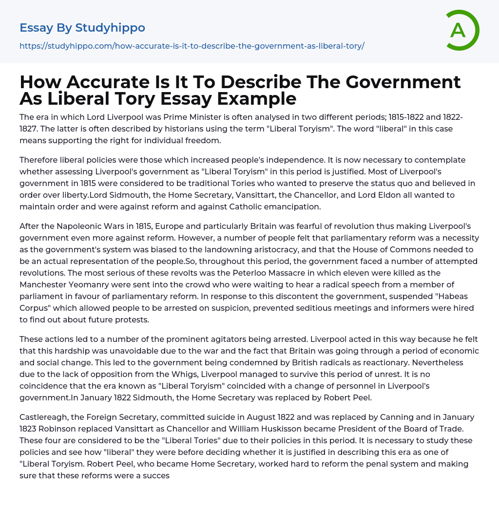 How Accurate Is It To Describe The Government As Liberal Tory Essay Example