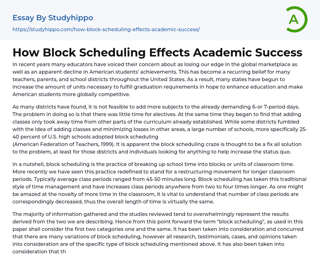 How Block Scheduling Effects Academic Success Essay Example