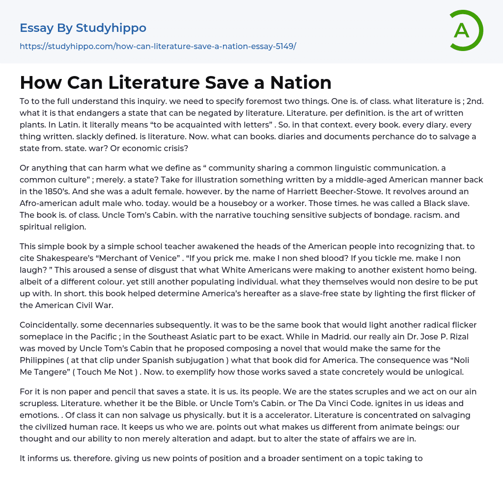 How Can Literature Save a Nation Essay Example