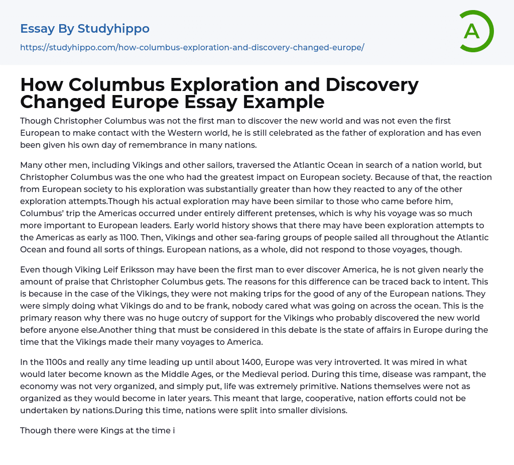 How Columbus Exploration and Discovery Changed Europe Essay Example