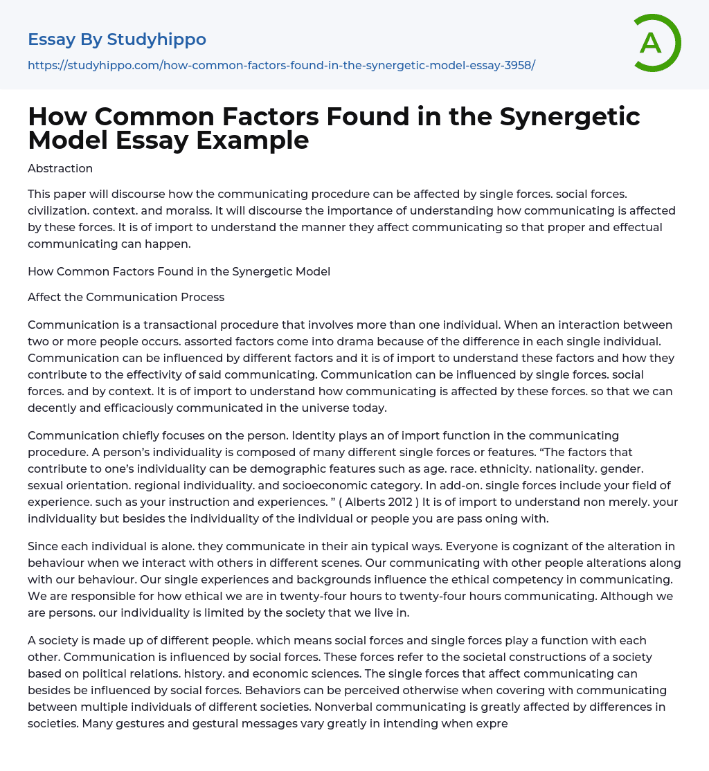 How Common Factors Found in the Synergetic Model Essay Example