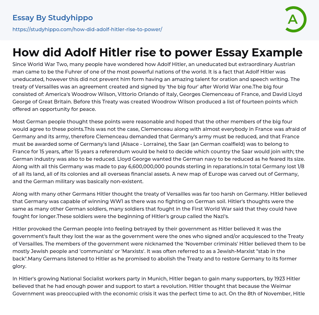 How did Adolf Hitler rise to power Essay Example