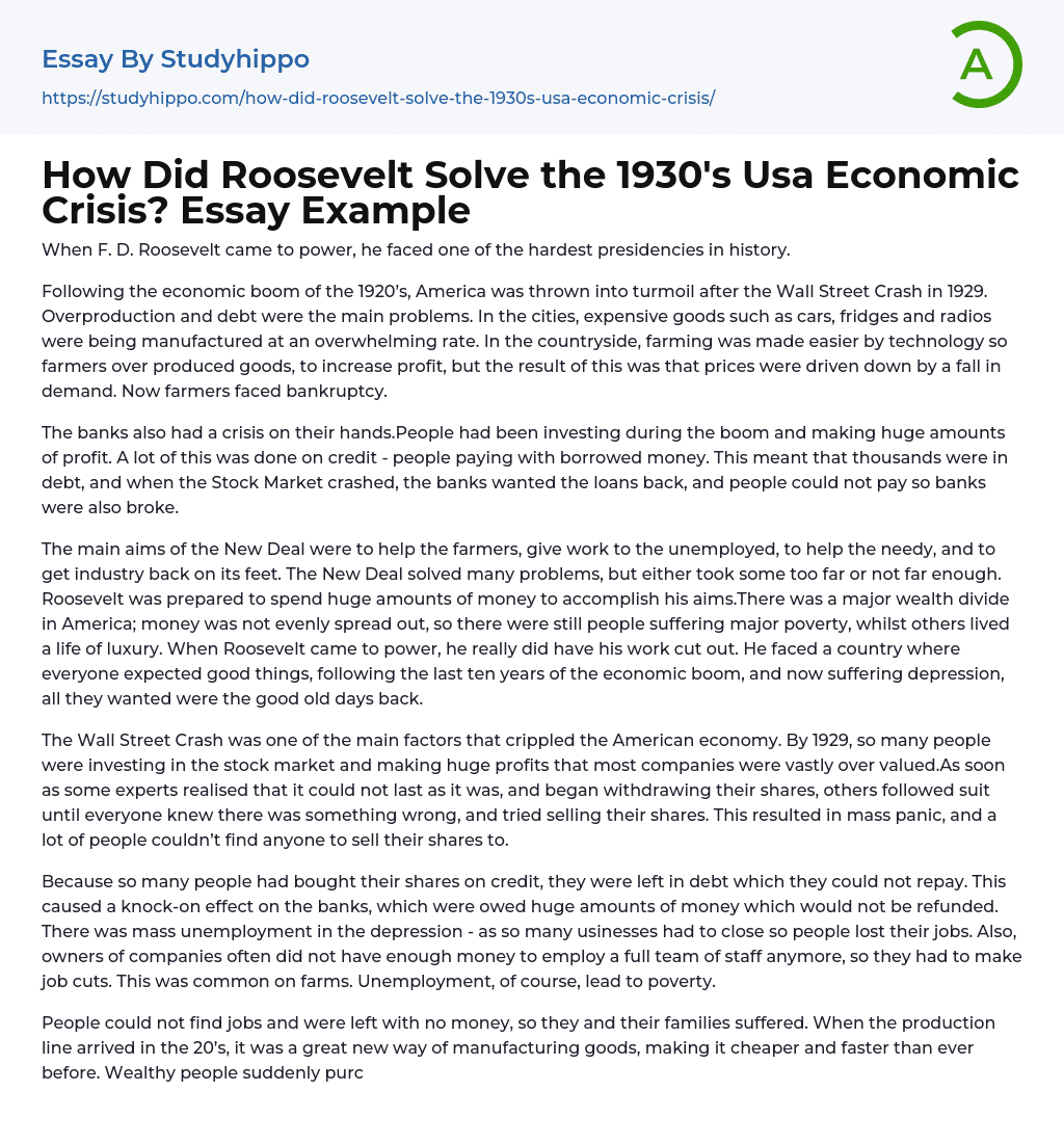 How Did Roosevelt Solve the 1930’s Usa Economic Crisis? Essay Example