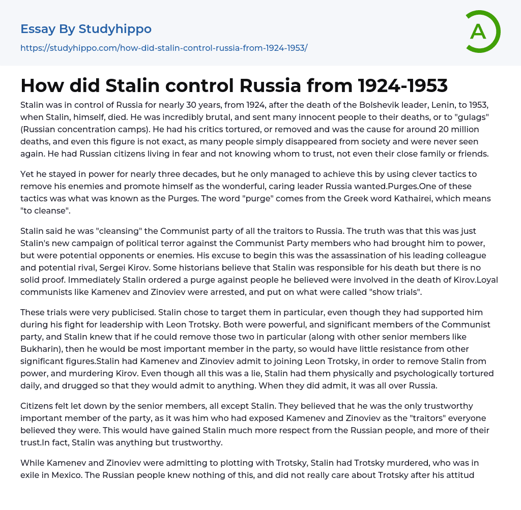 How did Stalin control Russia from 1924-1953 Essay Example