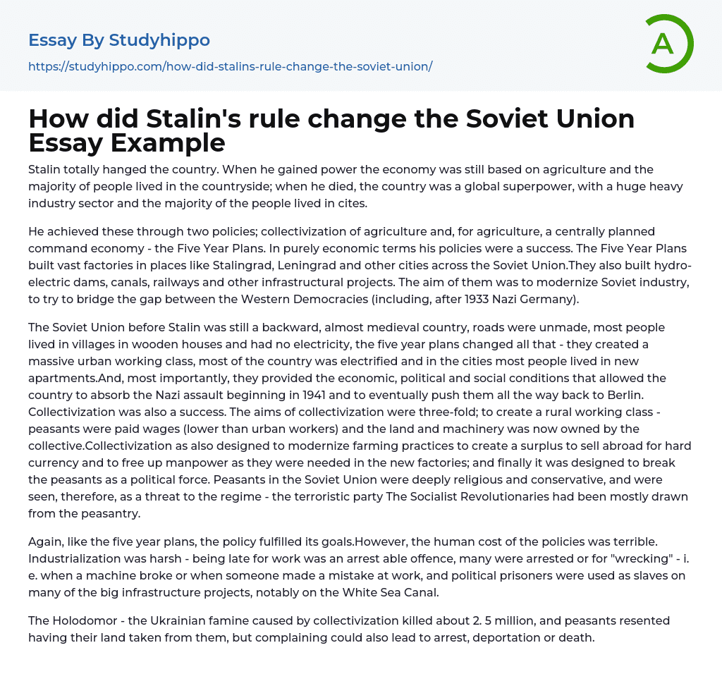 How did Stalin’s rule change the Soviet Union Essay Example