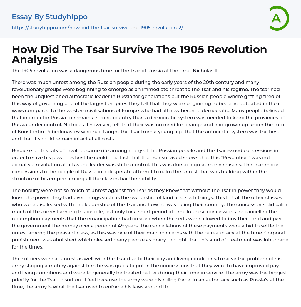 How Did The Tsar Survive The 1905 Revolution Analysis Essay Example