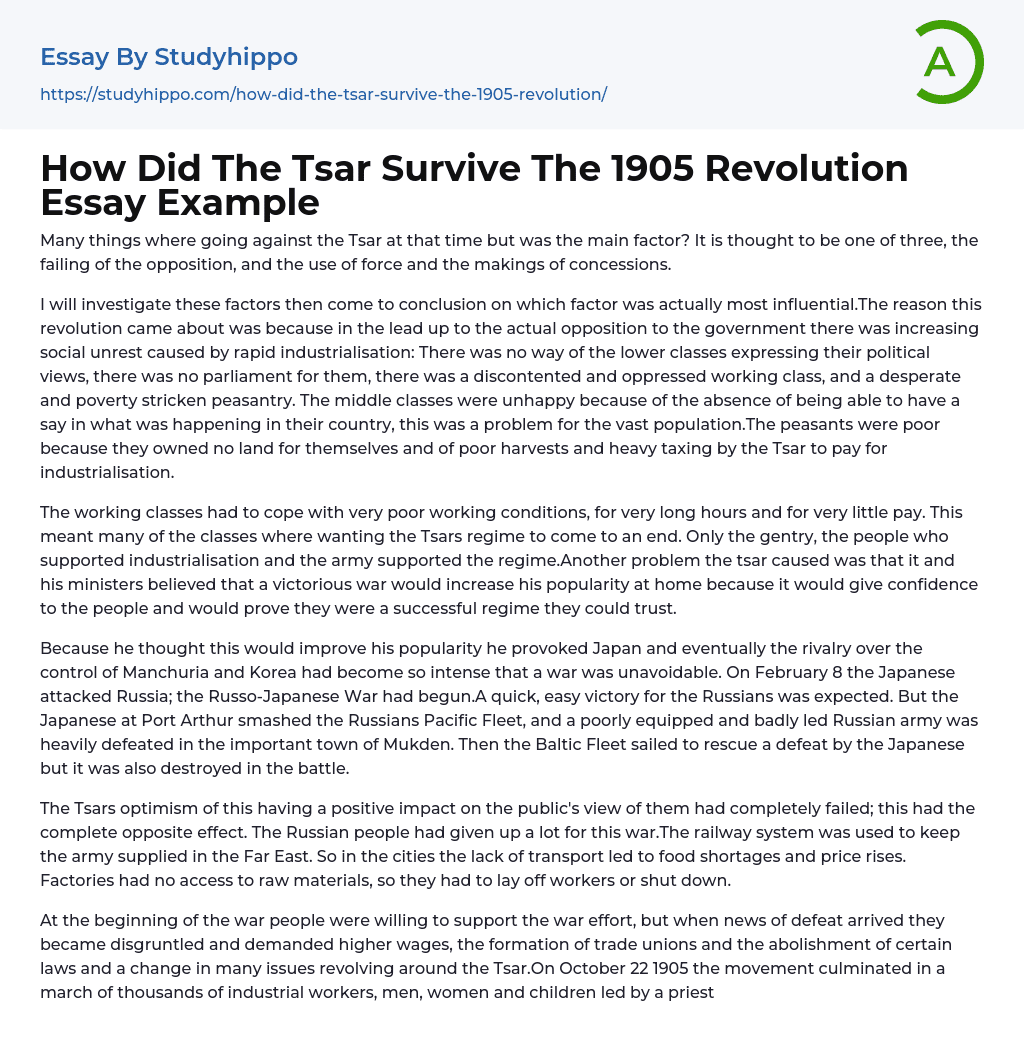 How Did The Tsar Survive The 1905 Revolution Essay Example