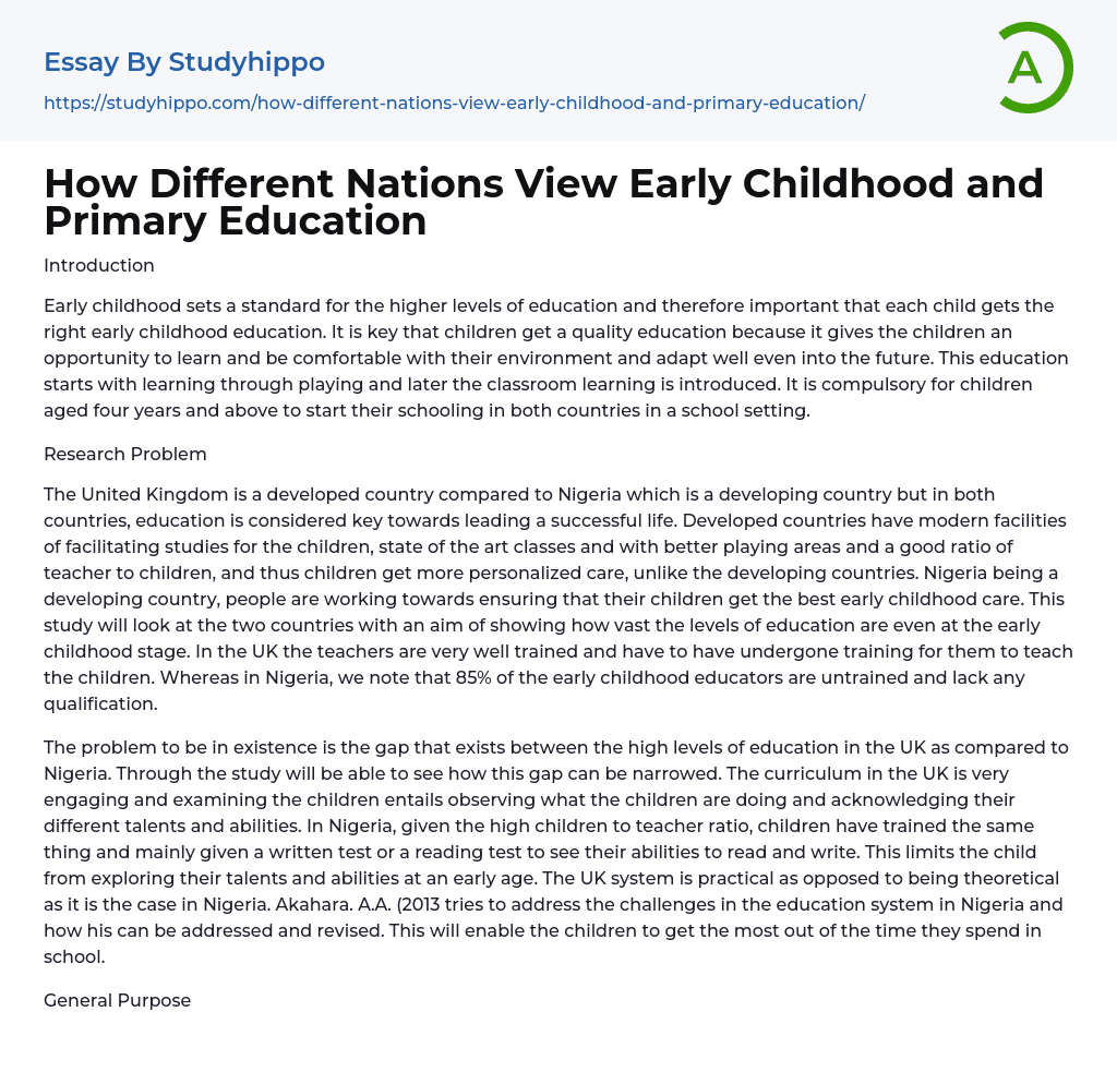 How Different Nations View Early Childhood and Primary Education Essay Example
