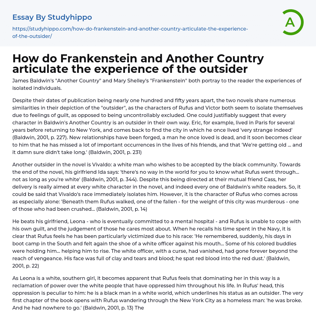 How do Frankenstein and Another Country articulate the experience of the outsider Essay Example