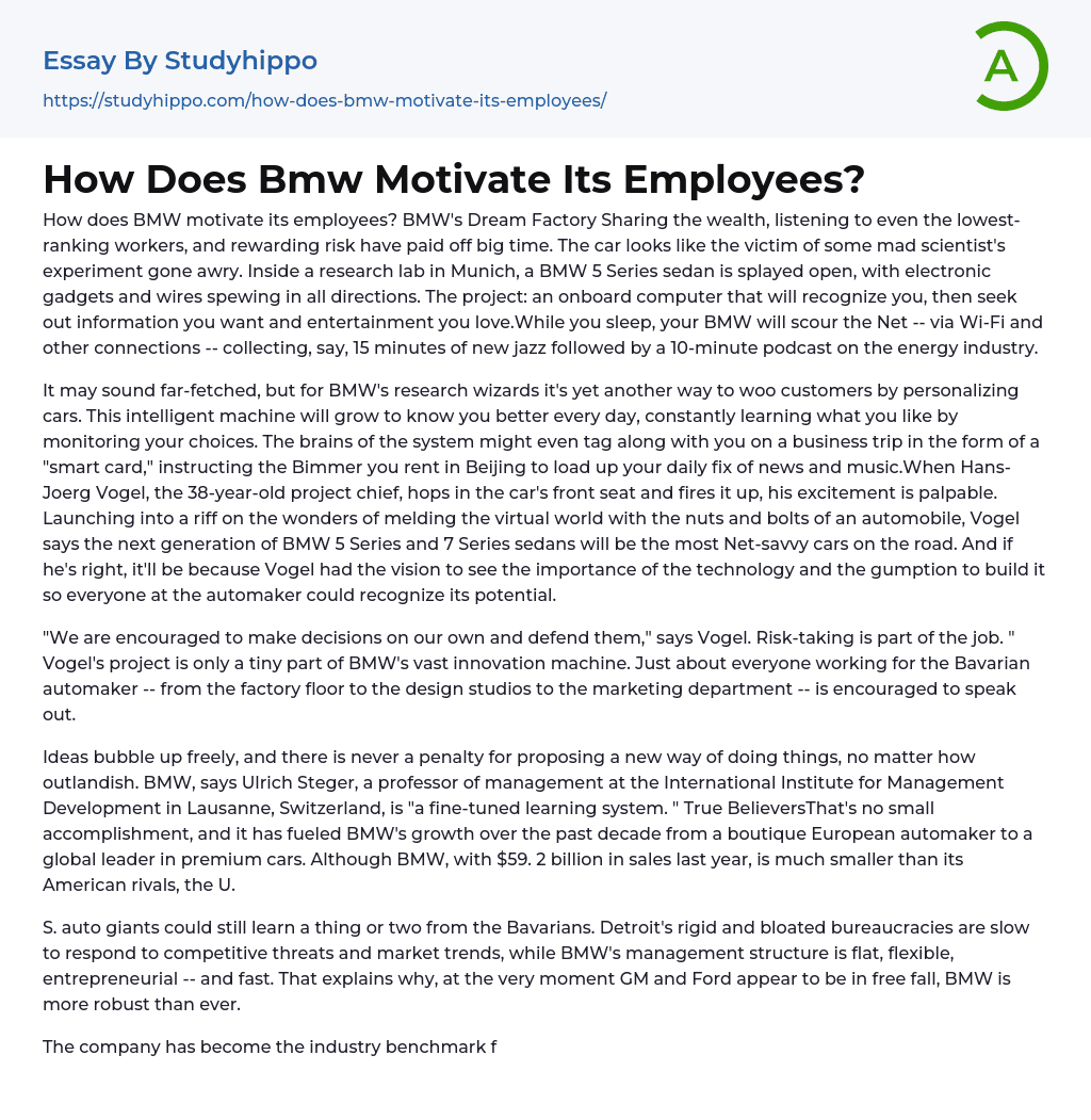 How Does Bmw Motivate Its Employees? Essay Example