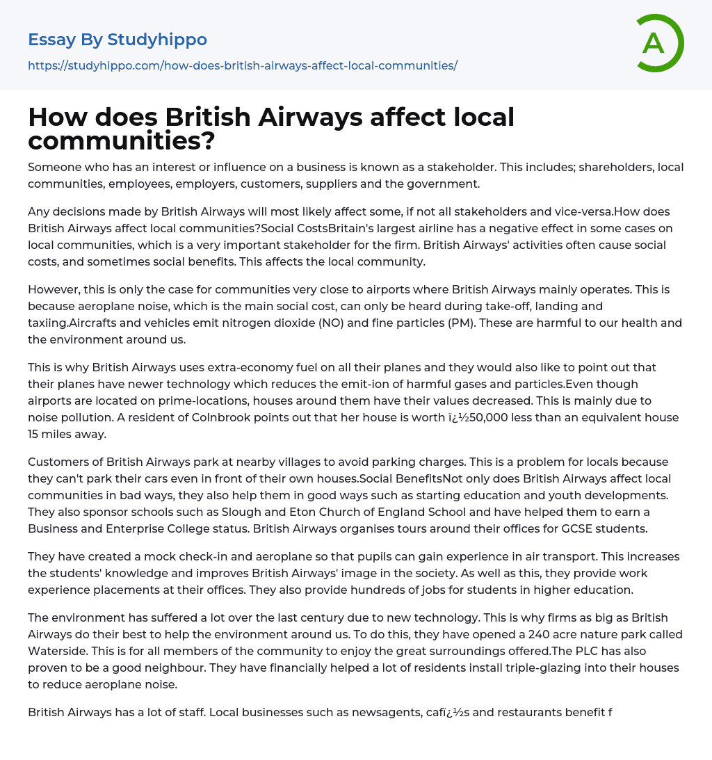 How does British Airways affect local communities? Essay Example