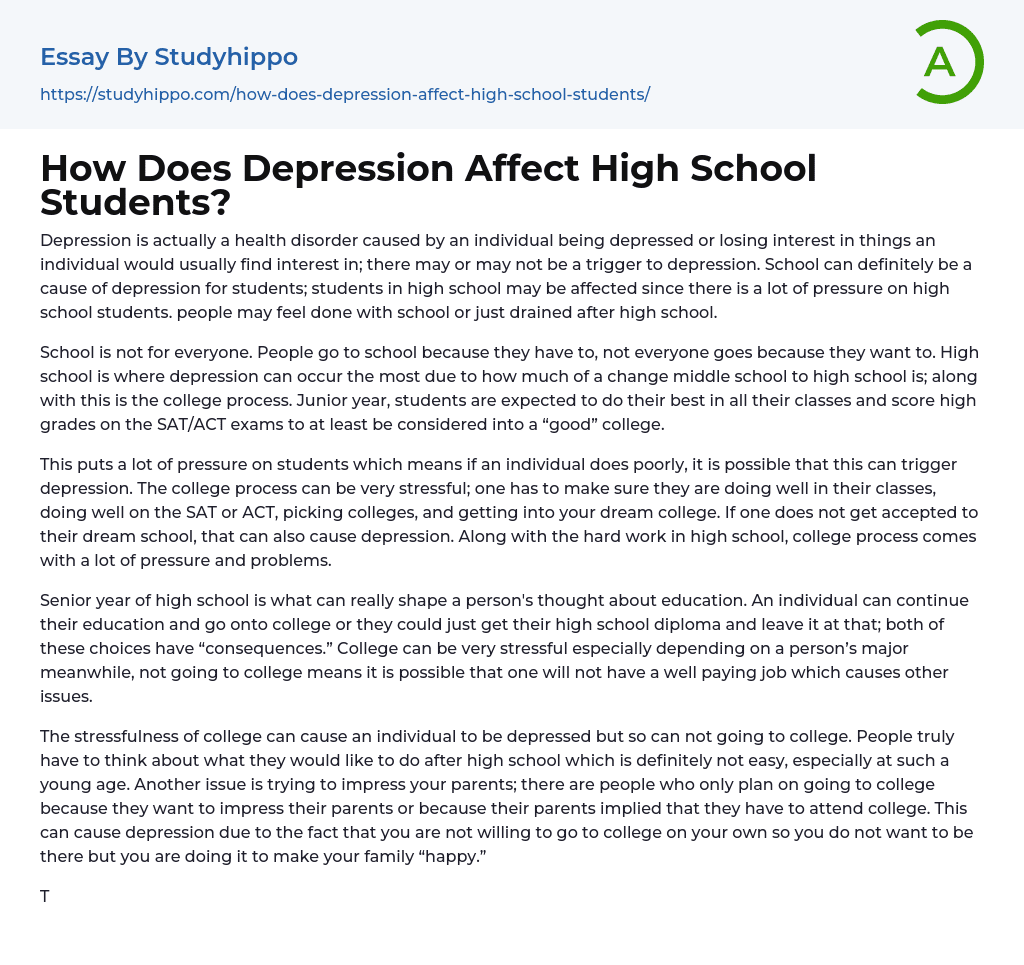 How Does Depression Affect High School Students? Essay Example