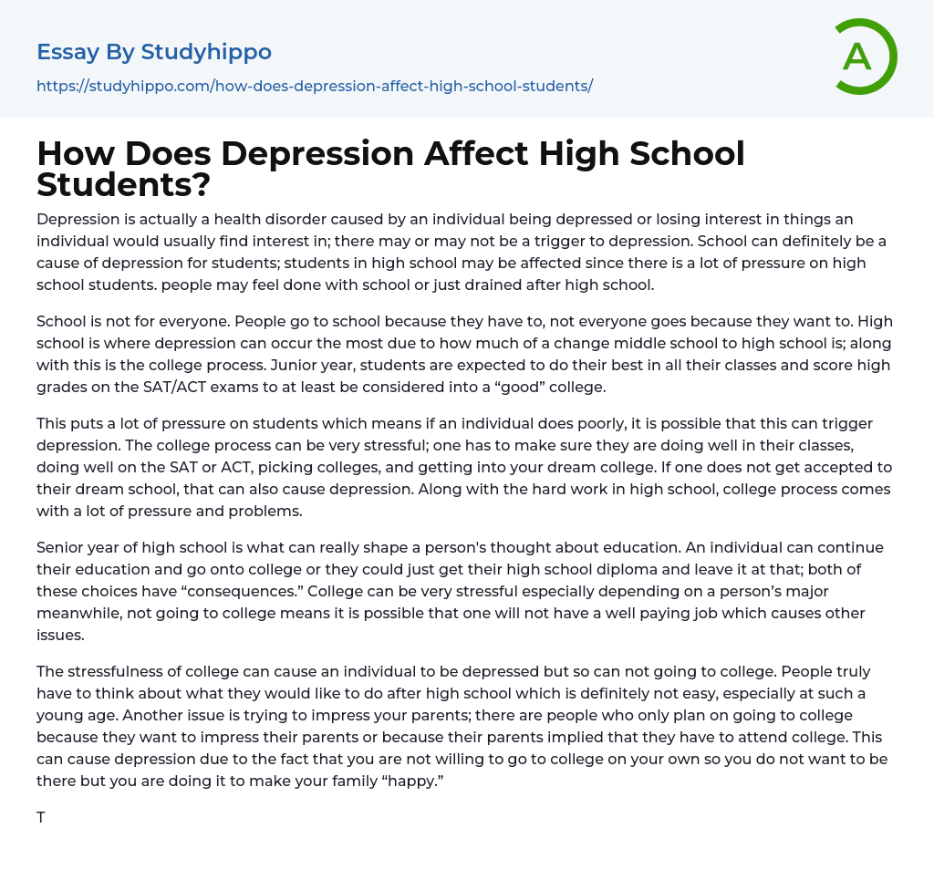 How Does Depression Affect High School Students Essay Example 