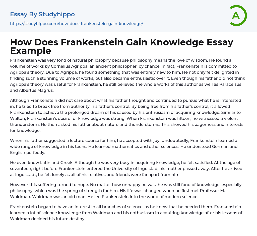 How Does Frankenstein Gain Knowledge Essay Example
