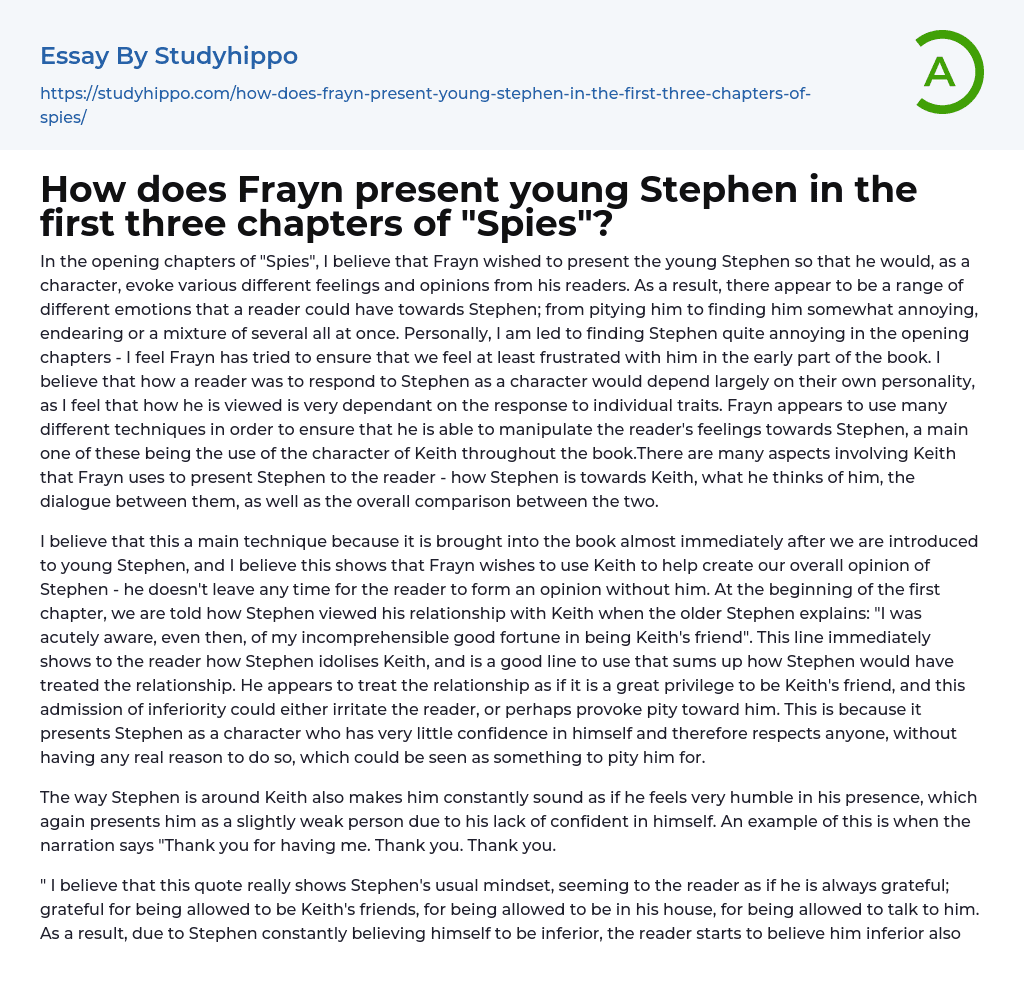 How does Frayn present young Stephen in the first three chapters of “Spies”? Essay Example