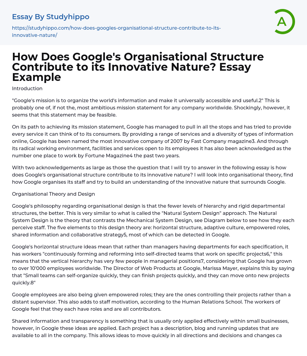 How Does Google’s Organisational Structure Contribute to its Innovative Nature? Essay Example