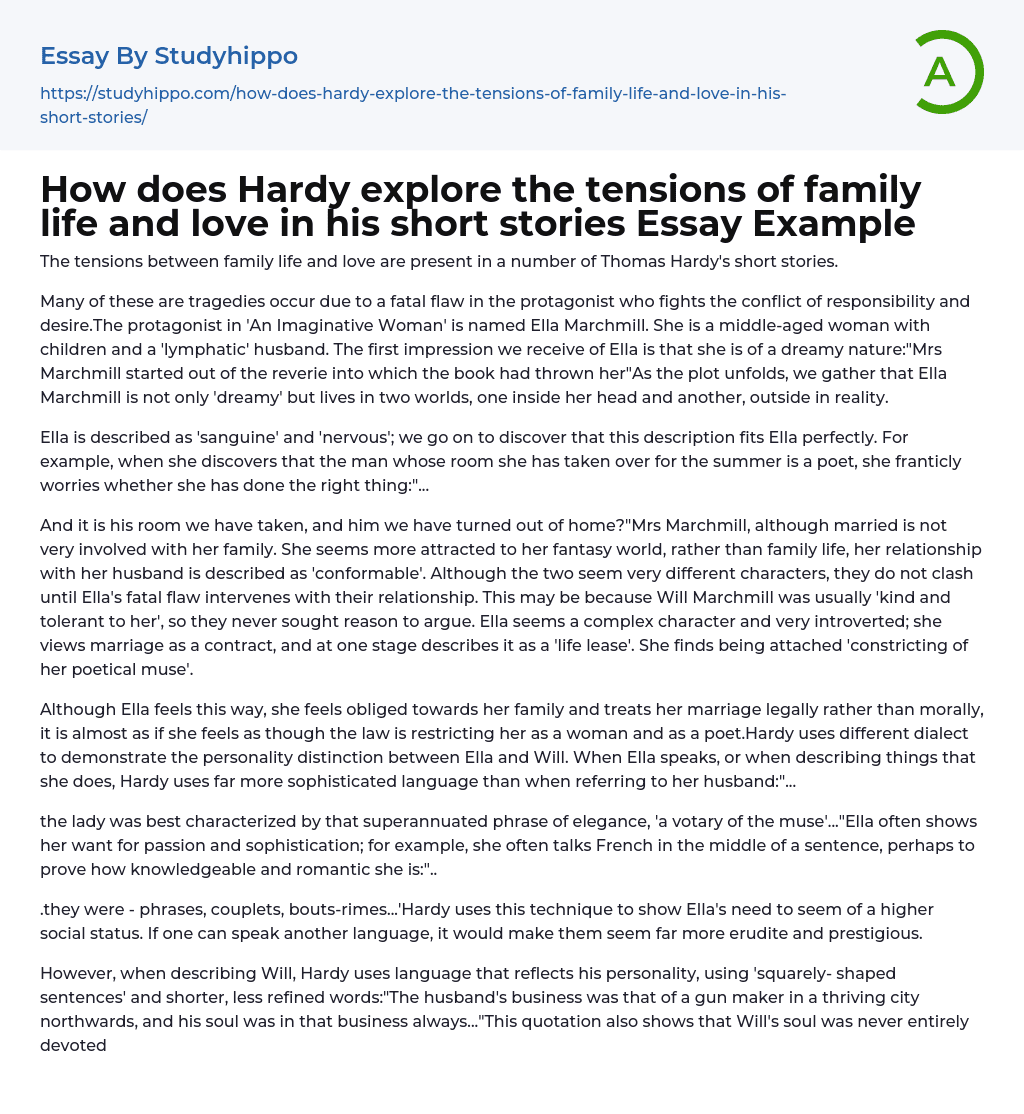 How does Hardy explore the tensions of family life and love in his short stories Essay Example