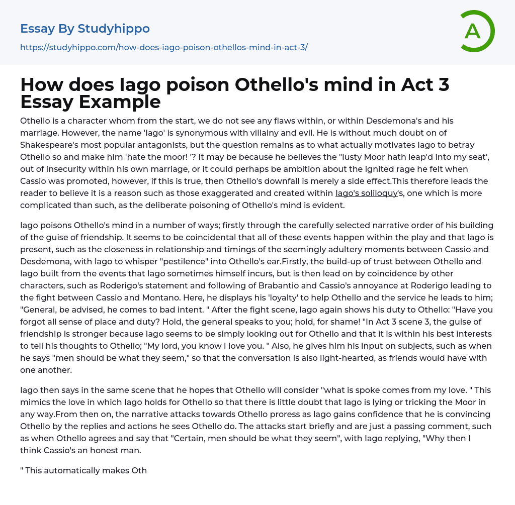 How does Iago poison Othello’s mind in Act 3 Essay Example