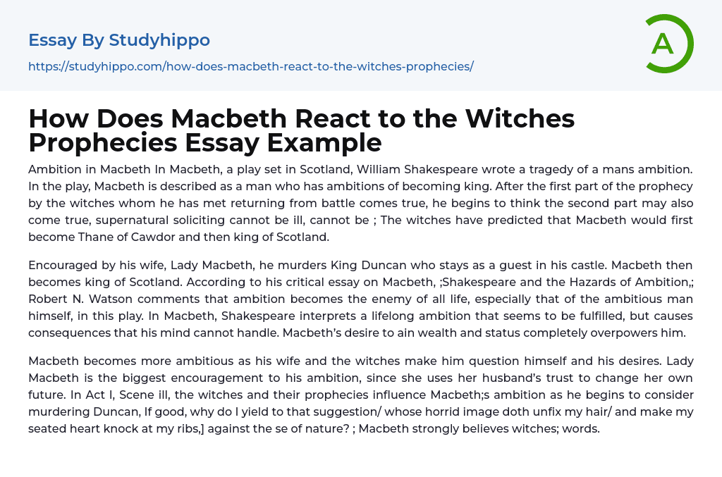 How Does Macbeth React to the Witches Prophecies Essay Example