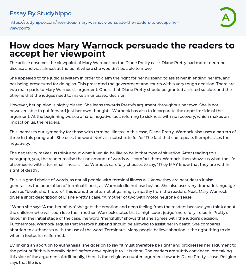 How does Mary Warnock persuade the readers to accept her viewpoint Essay Example