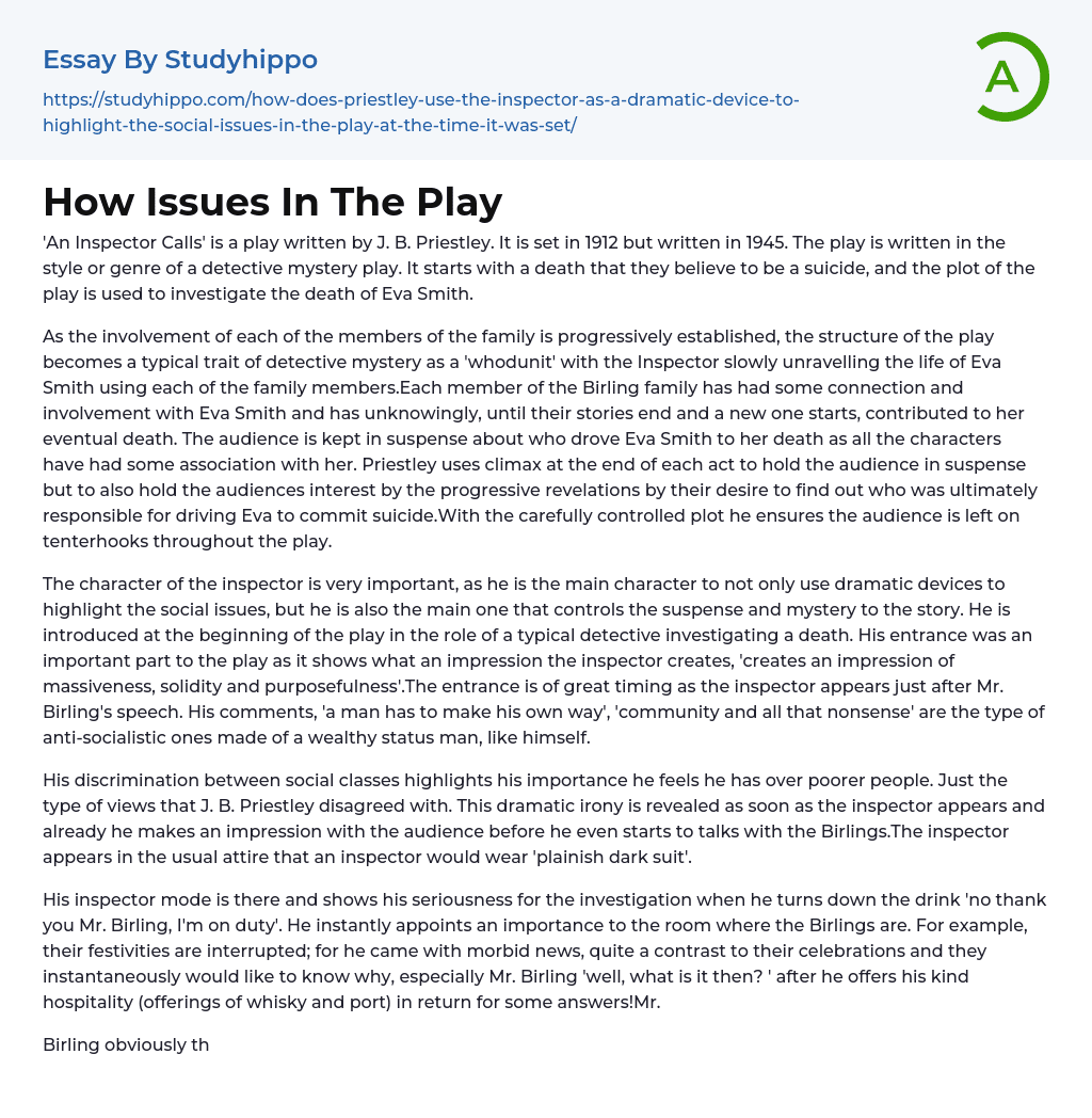 How Issues In The Play Essay Example