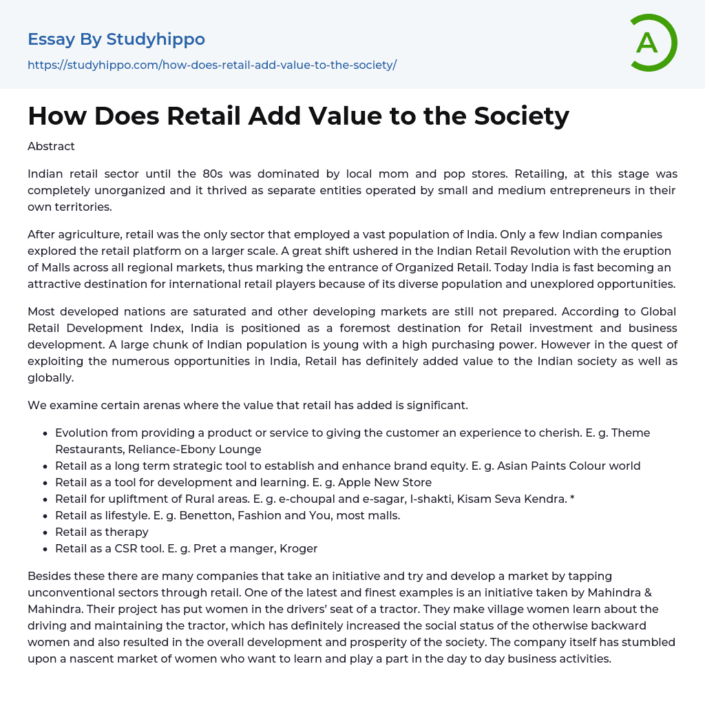 How Does Retail Add Value to the Society Essay Example