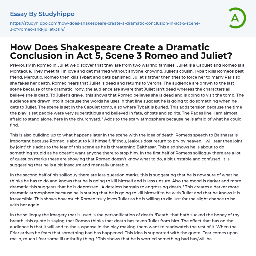 How Does Shakespeare Create a Dramatic Conclusion in Act 5, Scene 3 Romeo and Juliet? Essay Example